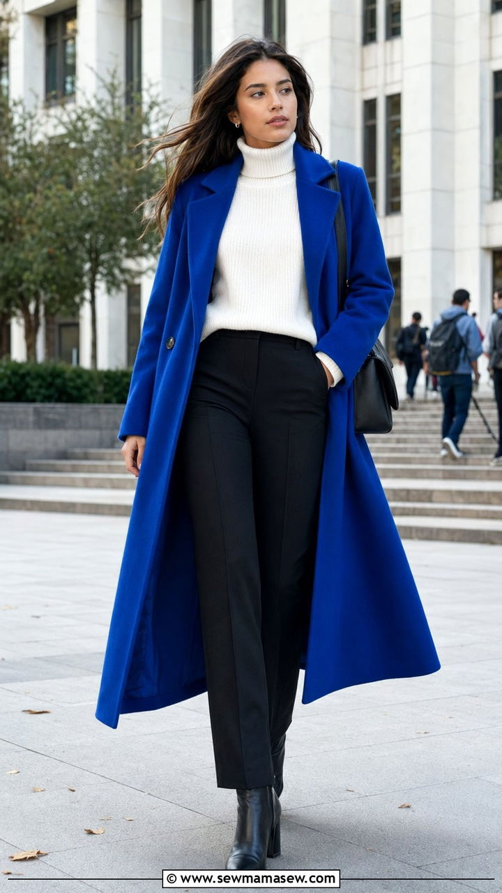 Cobalt blue statement coat and black trousers - 30 Back to school outfit ideas for college 2026