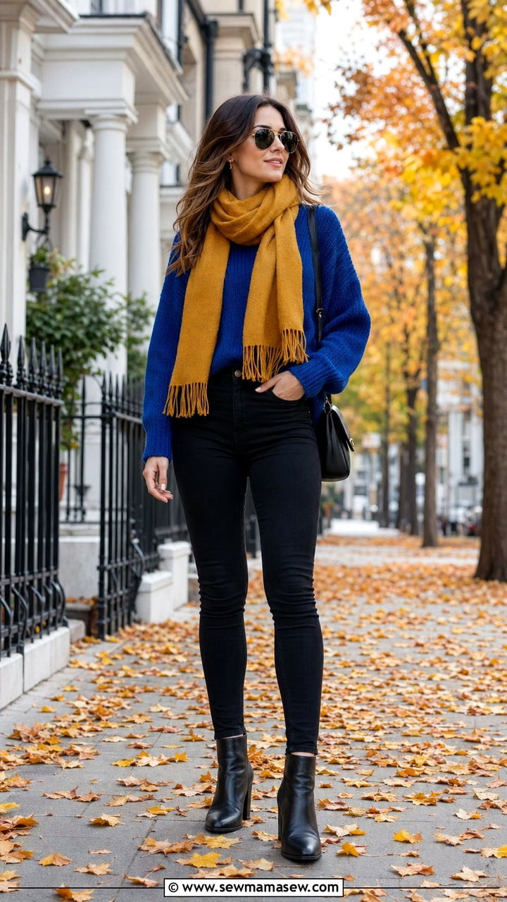 Cobalt blue sweater and mustard scarf - 30 Blue and yellow outfit ideas