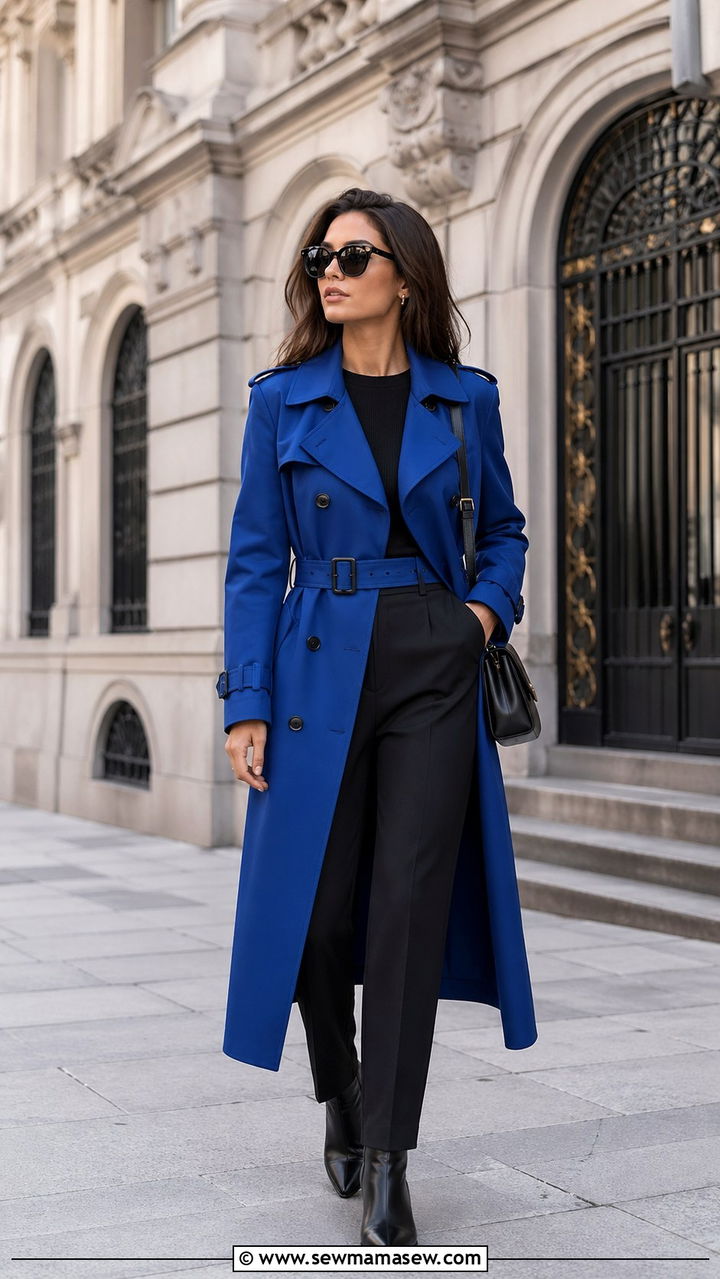 Cobalt blue trench coat with an all black base - 40 All cobalt blue outfit ideas