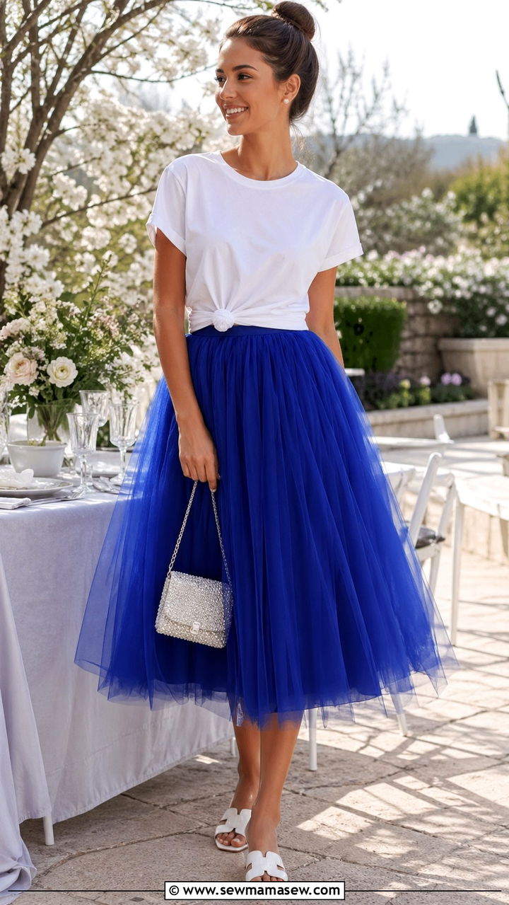 Cobalt blue tulle midi skirt with white tee - 40 All cobalt blue outfit ideas