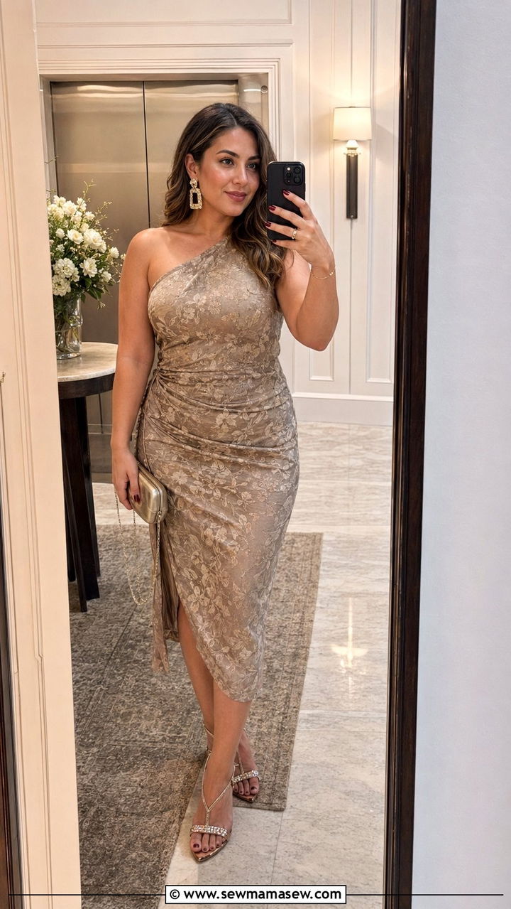 Cocktail Midi Dress with Statement Heels for Midsize Wedding Guest - 30 Wedding guest outfits for midsize women