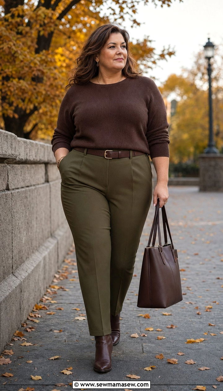 Cocoa Knit With Olive Trousers And Ankle Boots - 35 Plus size outfit ideas for women over 40