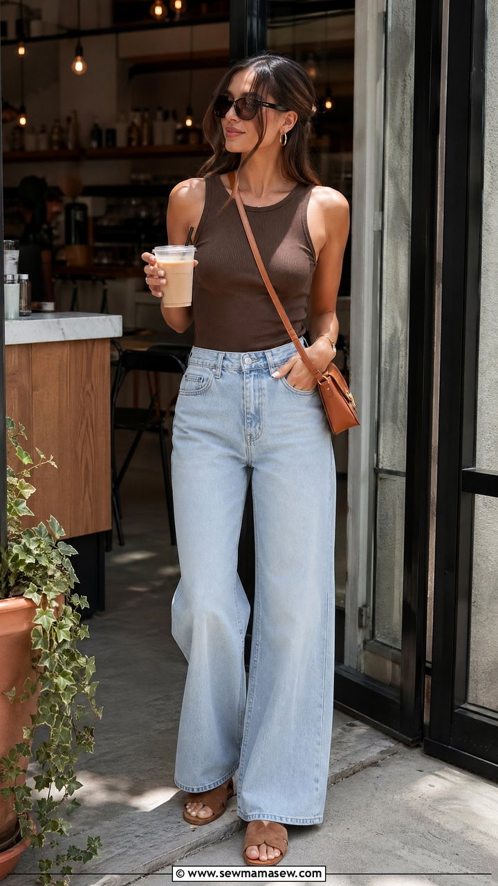 Coffee Brown Knit Tank with Light Wash Wide Leg Jeans - 35 classy summer outfit ideas