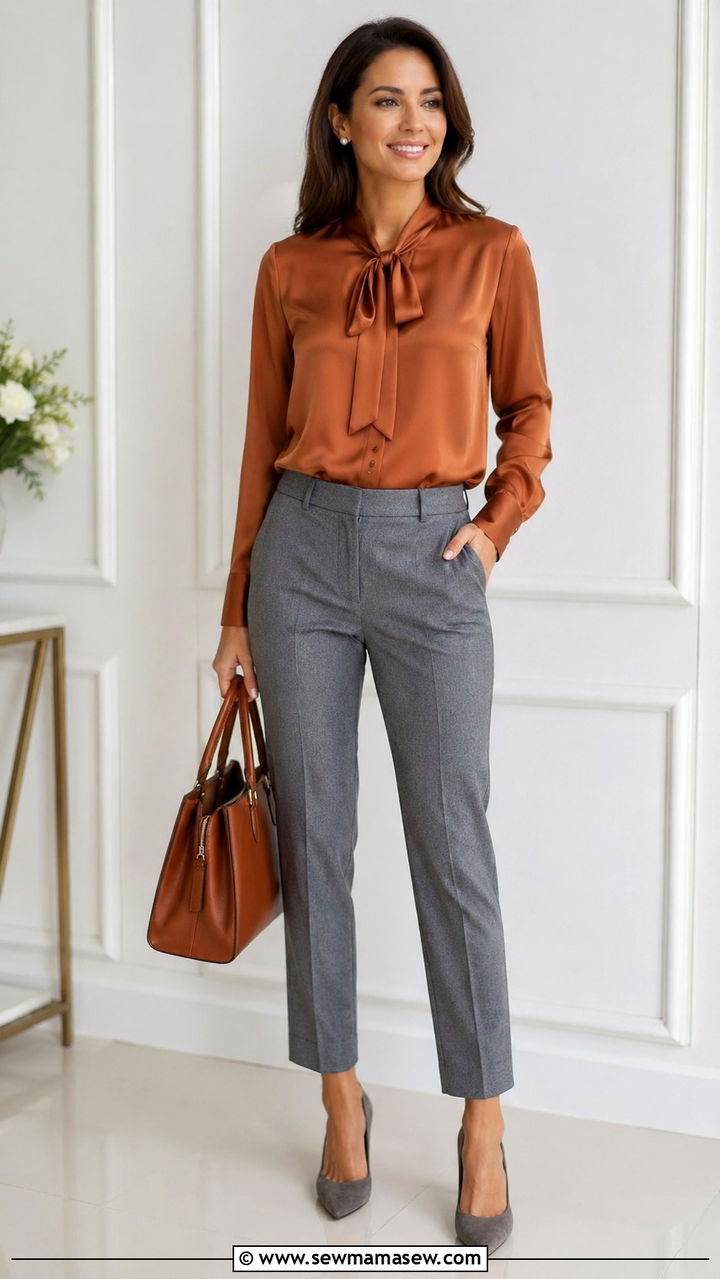 Cognac Blouse With Grey Trousers Outfit - 40 All cognac outfit ideas