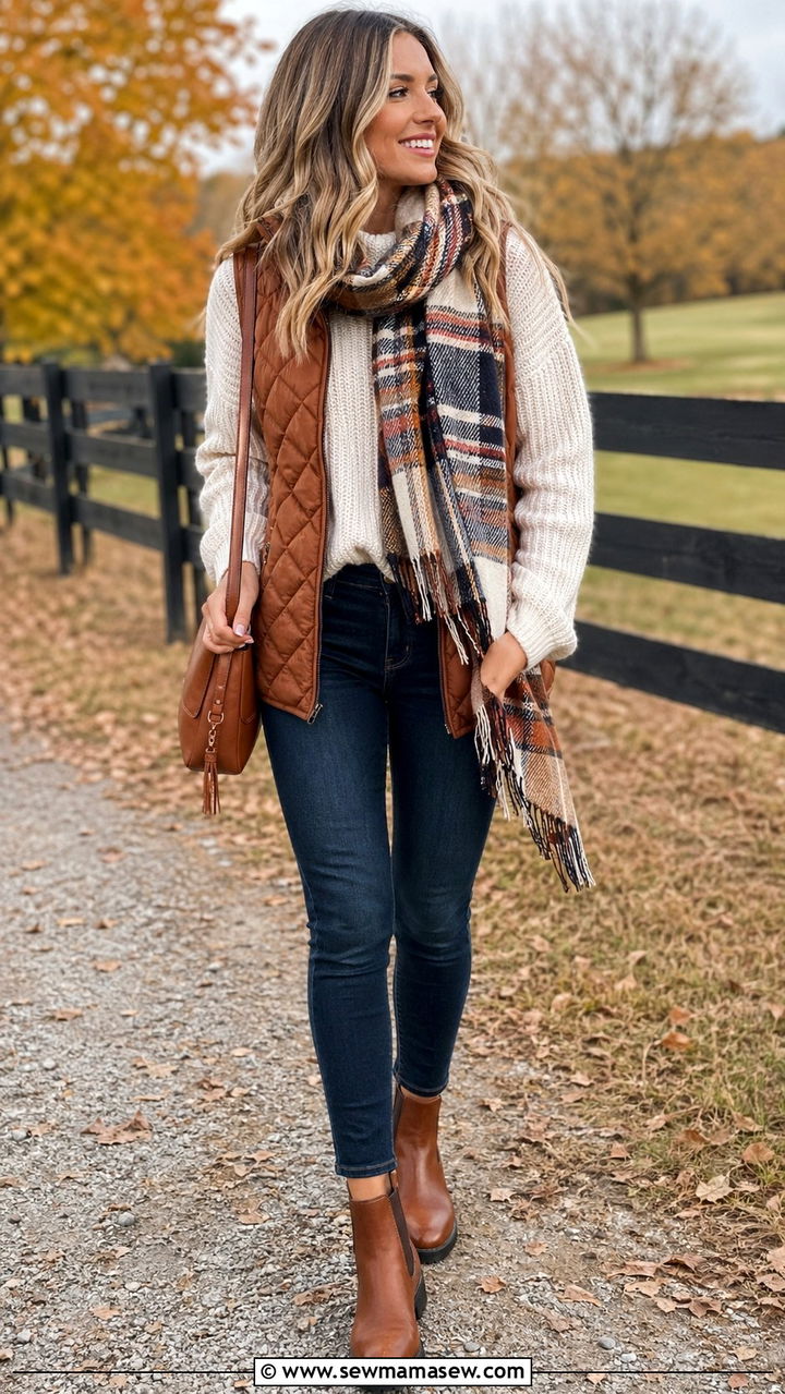 Cognac Quilted Vest With Cream Sweater Outfit - 40 All cognac outfit ideas