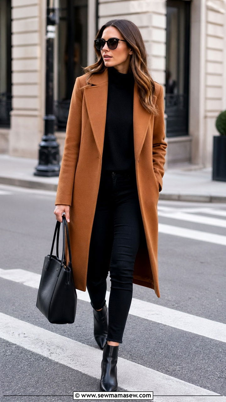 Cognac Wool Coat With All Black Base Outfit - 40 All cognac outfit ideas