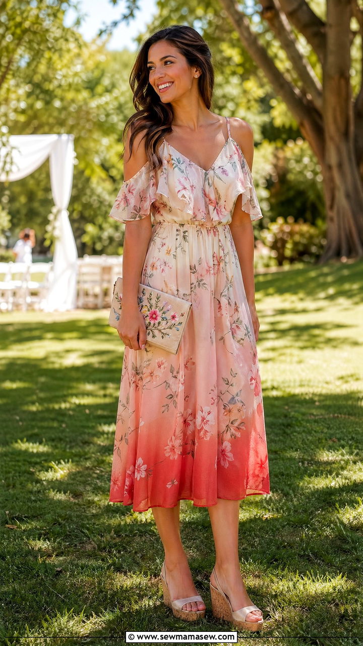 Cold Shoulder Midi Dress with Low Wedge Heels - 35 casual summer wedding guest outfits