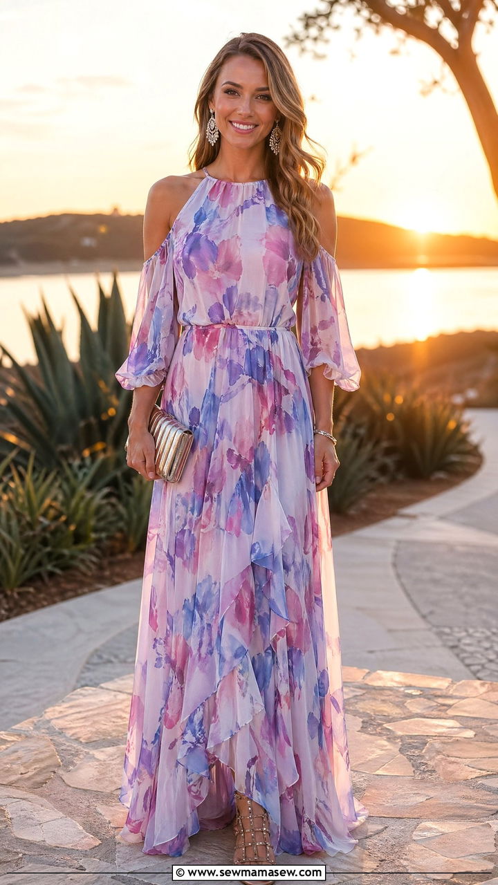 Cold shoulder chiffon maxi dress - 35 spring engagement party outfit ideas