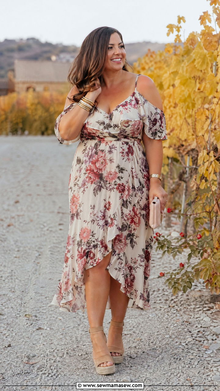 Cold shoulder floral midi dress with espadrilles - 35 Wedding guest outfits for curvy women