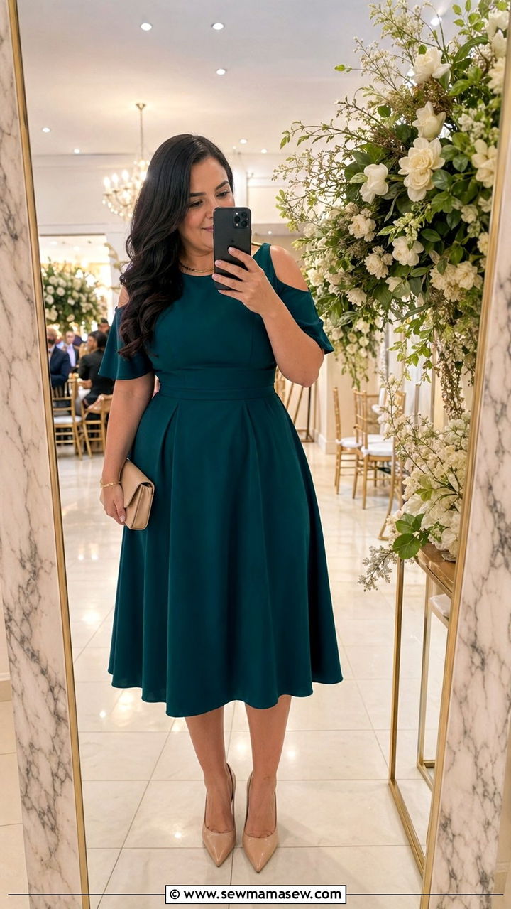 Cold shoulder midi dress with nude pumps - 30 wedding guest outfits for pear shaped body