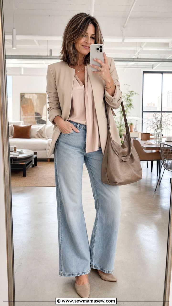 Collarless Blazer With Silk Blouse And Relaxed Wide Leg Jeans - 30 Best blazers for women over 40