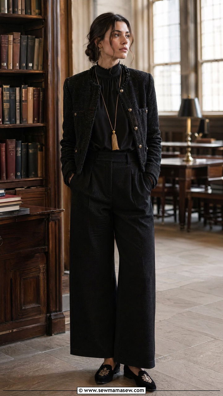 Collarless Jacket Outfit With Wide Leg Trousers And Smoking Slippers - 35 Dark academia outfit ideas