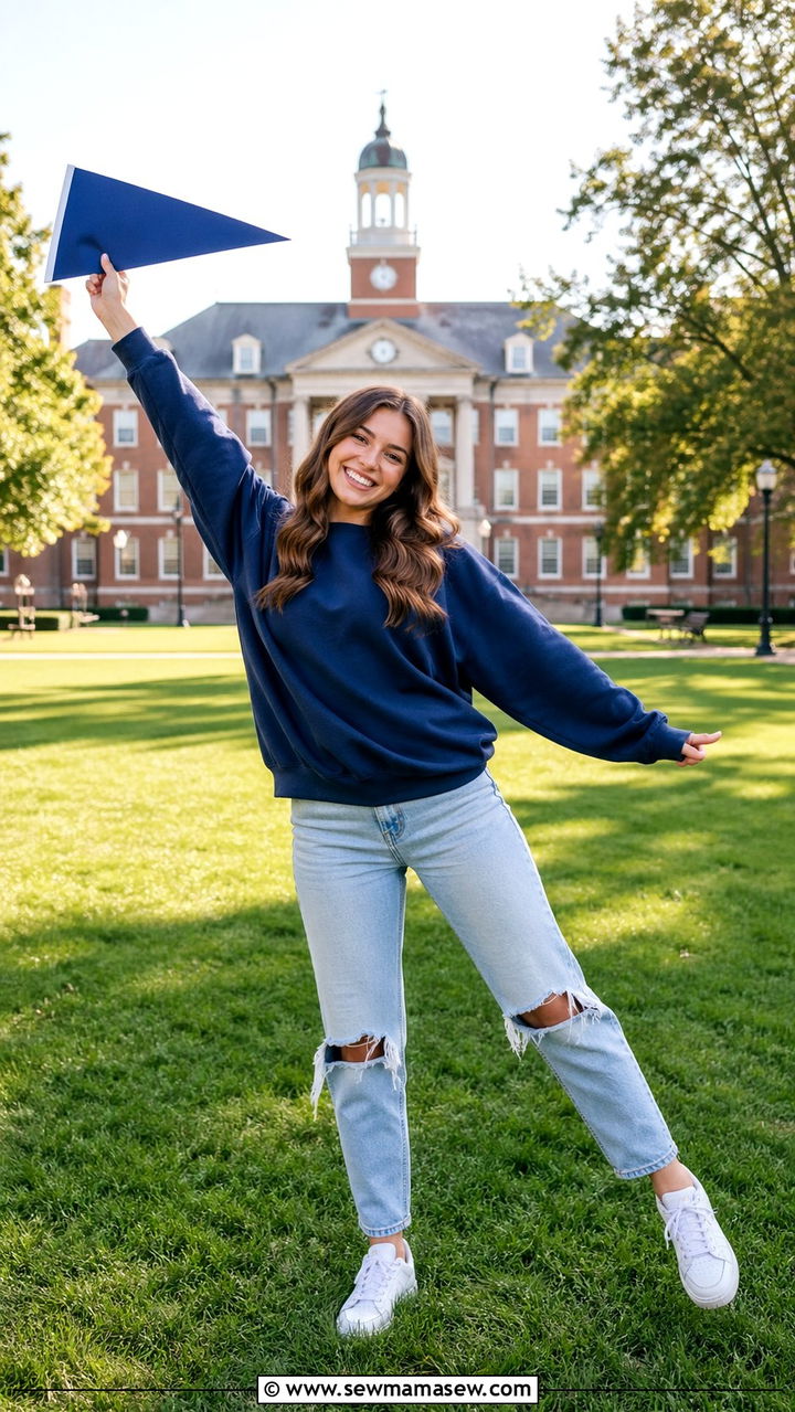 College sweatshirt and jeans for senior photoshoot - 30 Senior photoshoot outfit ideas