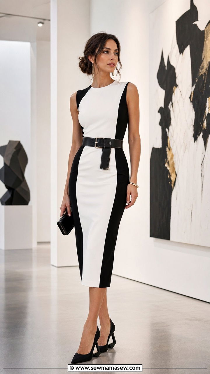 Color Block Bodycon Dress With a Contrast Stitch Belt and Sculptural Heels - 30 Bodycon dress outfit ideas with a belt