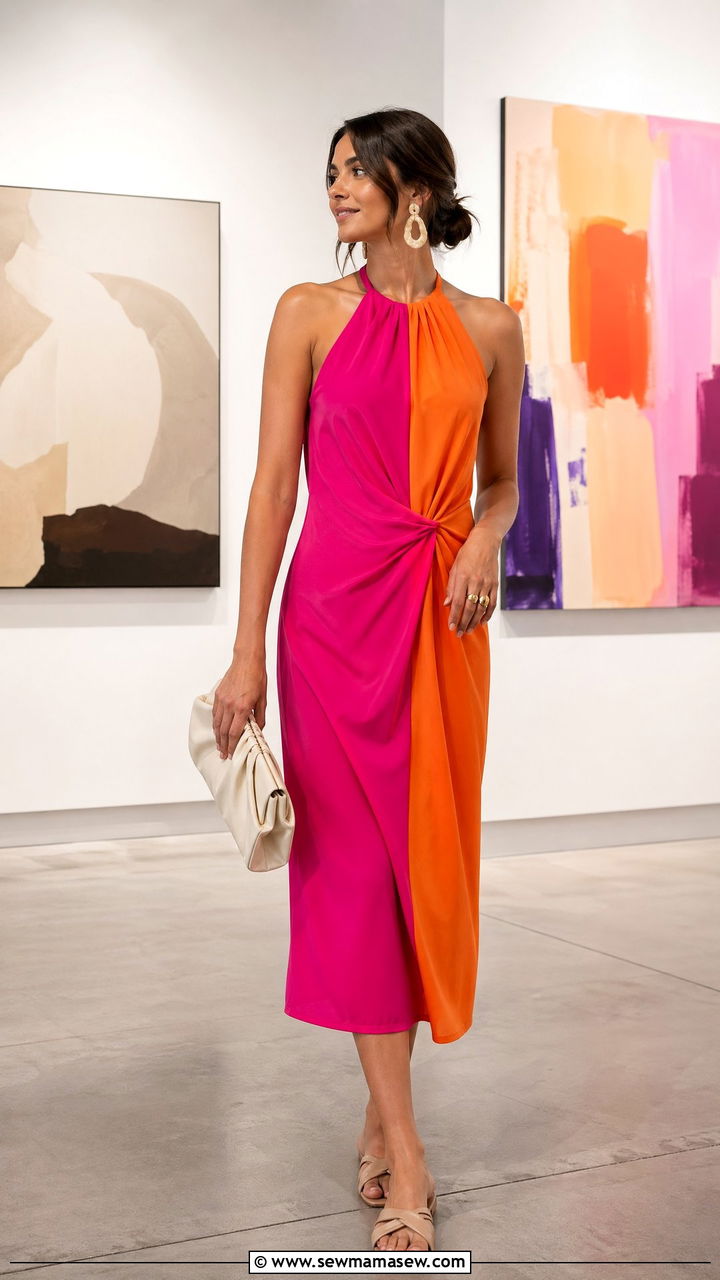 Color Block Midi Dress With Neutral Flat Sandals - 35 Summer outfits with midi dresses