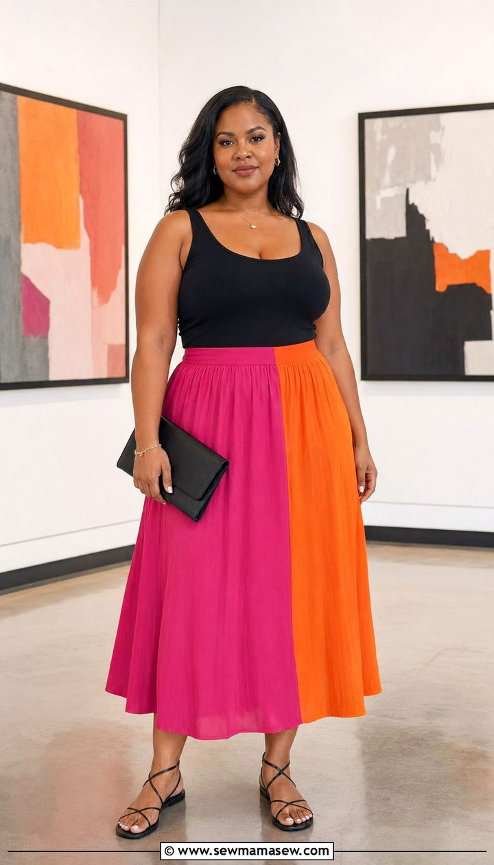 Color Block Midi Skirt With Tucked In Tank - 35 Plus size outfit ideas size 24 summer