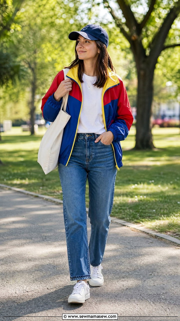 Color Block Windbreaker With Straight Leg Jeans - 35 Sporty chic outfit ideas for errands