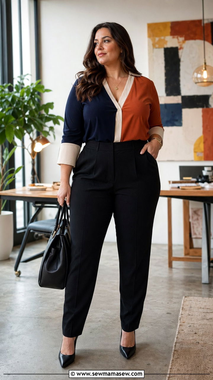 Color Blocked Blouse with High Waisted Black Trousers - 30 Work outfits for curvy women