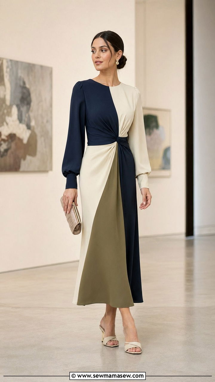 Color Blocked Midi Dress With Sculptural Heels - 35 Modest outfit ideas for wedding guest