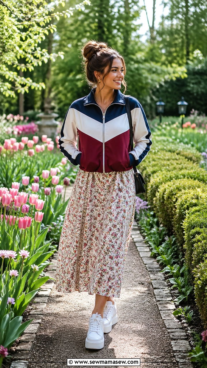 Color Blocked Track Jacket Zipped Over Flowy Midi Dress And Platform Sneakers - 30 sporty chic capsule wardrobe outfits