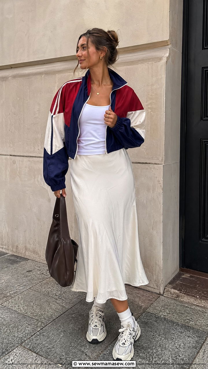 Color Blocked Track Jacket with Flowy Midi Skirt and Trainers - 35 summer sporty chic outfit ideas