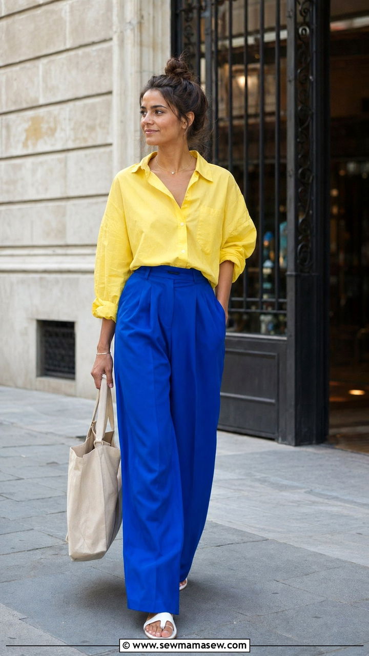 Color Blocking Blouse And Wide Leg Trousers - 30 Aesthetic summer outfit ideas 2026