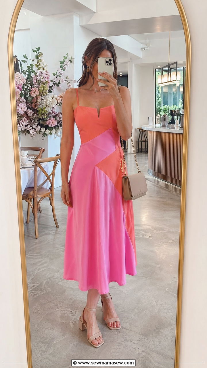 Color block midi dress with block heels - 35 spring engagement party outfit ideas