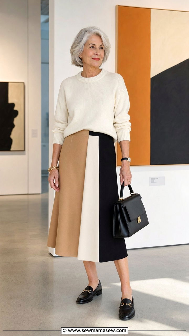 Color block midi skirt with a neutral top - 30 Best skirts for women over 60