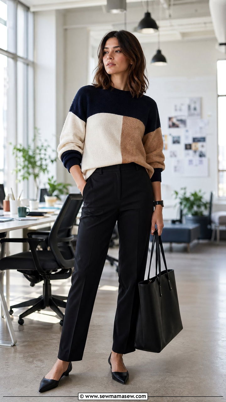 Color block sweater with black tailored trousers and pointed flats - 35 Consultant outfit ideas