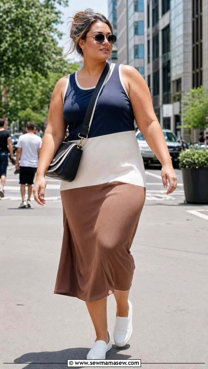 Color block tank dress with slip on sneakers - 35 Plus size outfit ideas size 18 summer