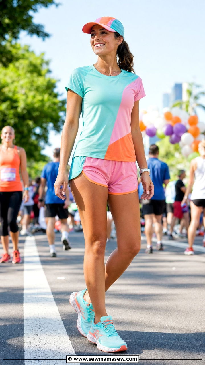 Color block tee and 5 inch split shorts running outfit - 35 Running outfit ideas summer