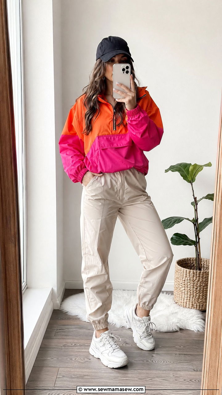 Color block windbreaker with neutral joggers and dad sneakers - 35 Streetwear spring outfits