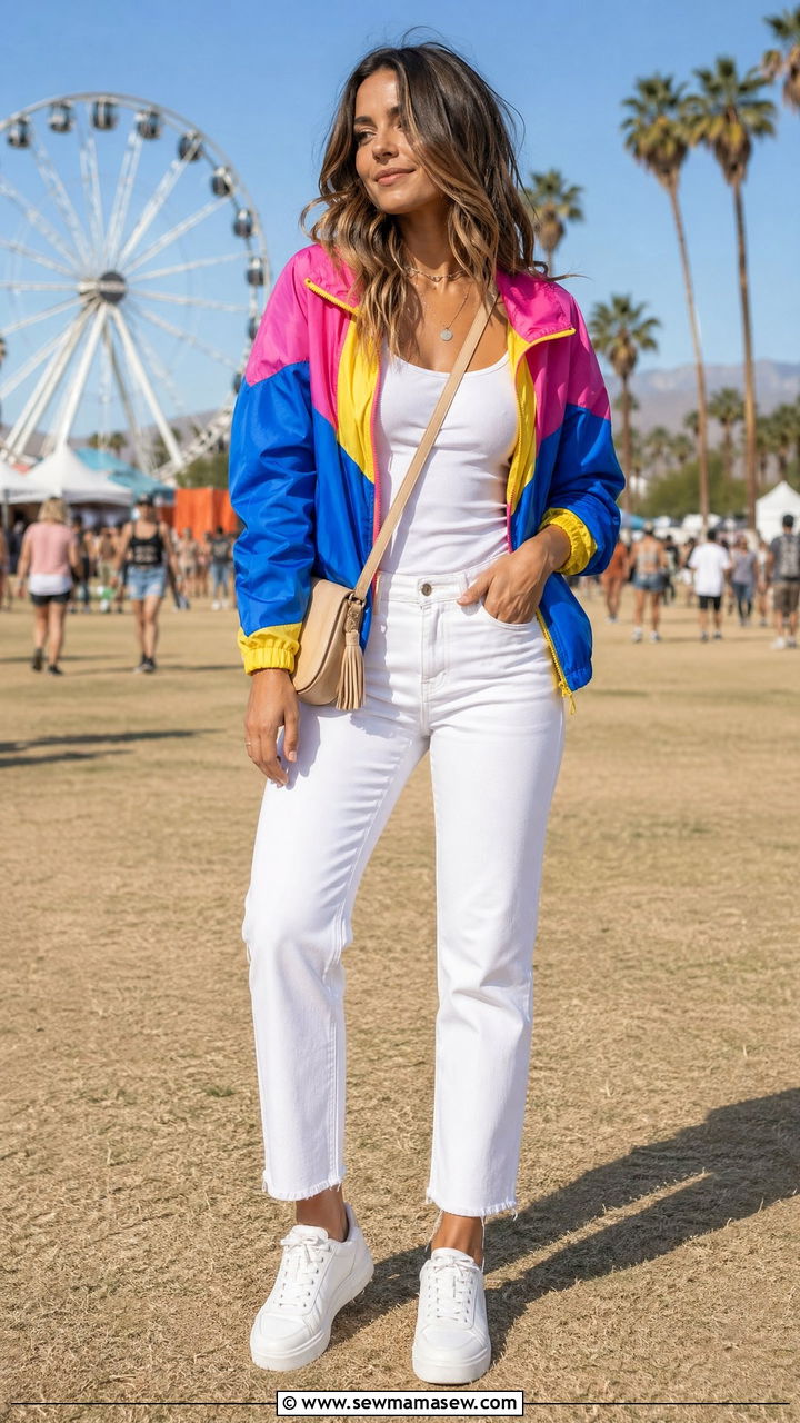 Color block windbreaker with white jeans - 35 windbreaker outfits for women