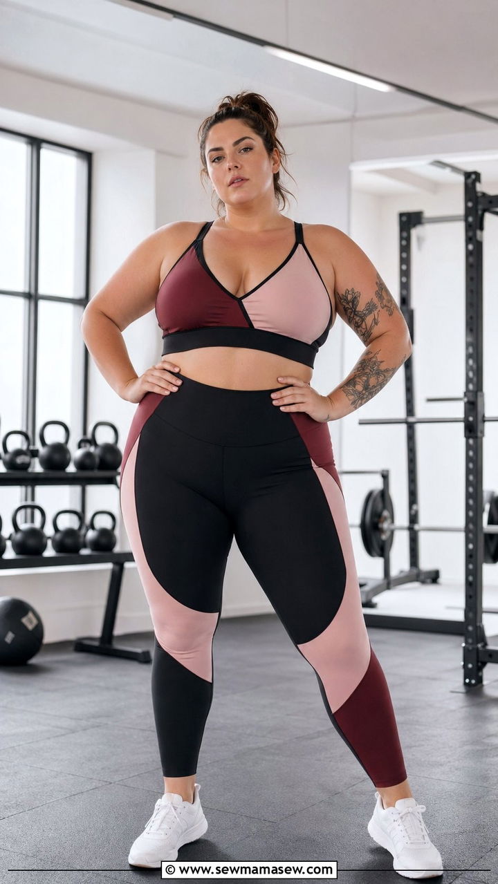 Colorblock Sports Bra And Leggings Set - 35 Plus size workout outfit ideas