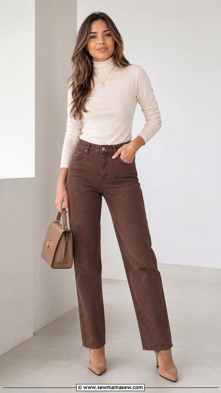 Colored Denim Jeans with Neutral Turtleneck Outfit - 35 Spring denim outfits