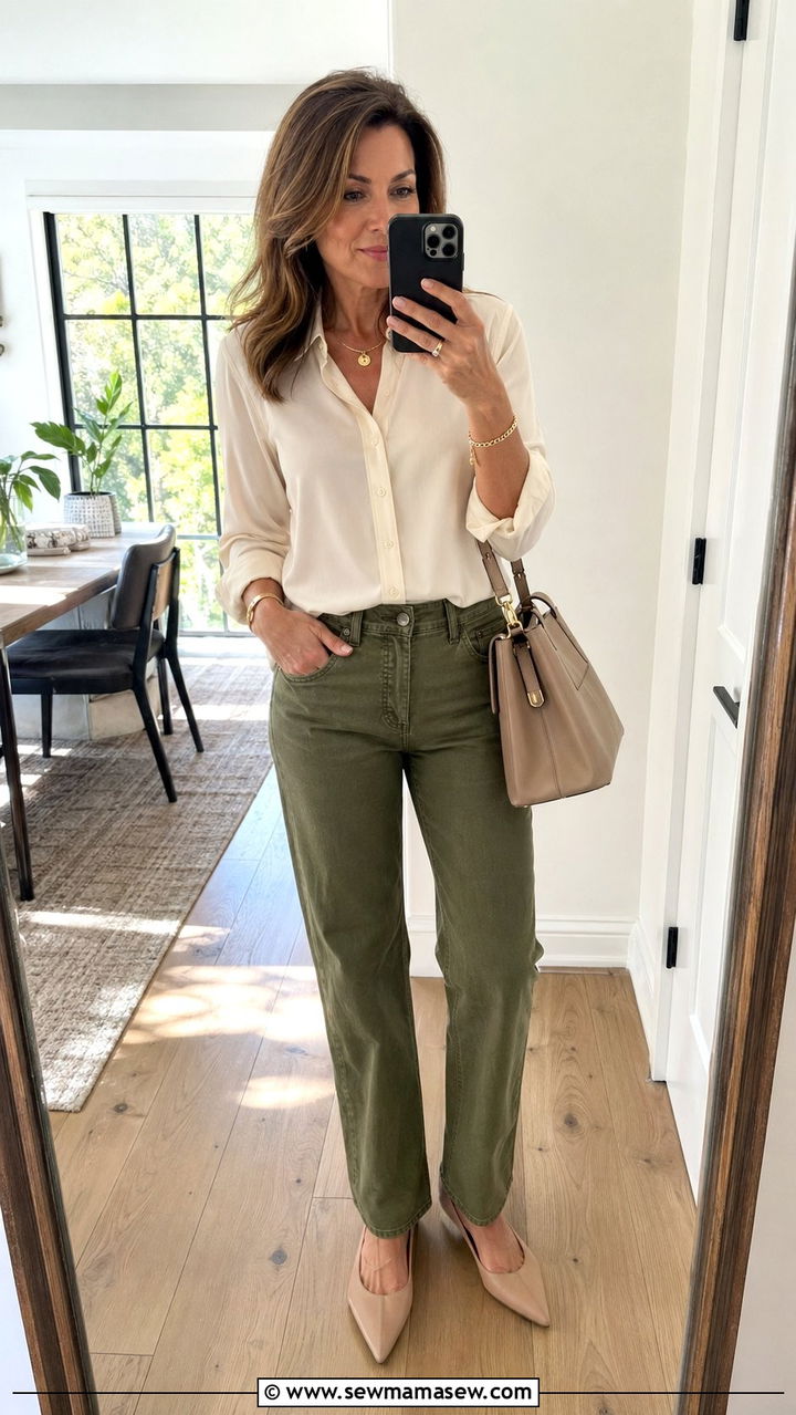 Colored Jeans With a Neutral Blouse - 30 Best jeans for women over 40