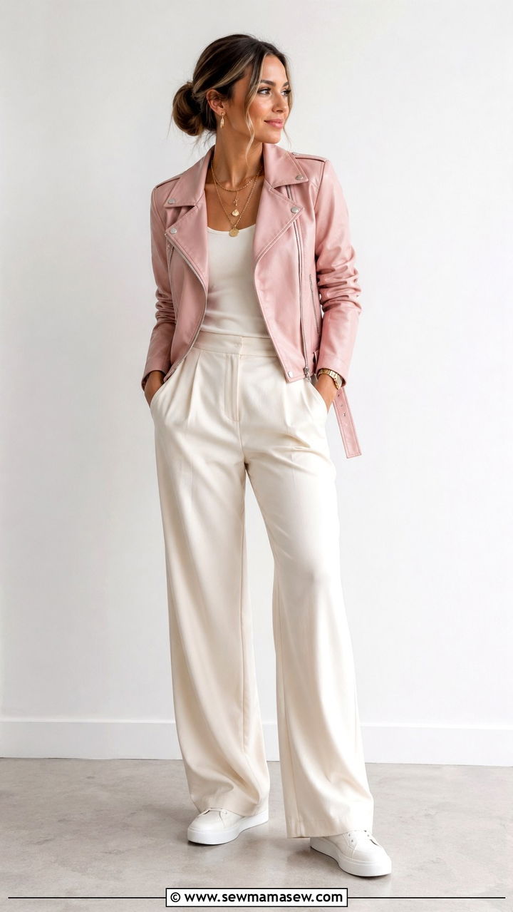 Colored Leather Jacket With Neutral Monochrome Outfit - 30 spring leather jacket outfit ideas