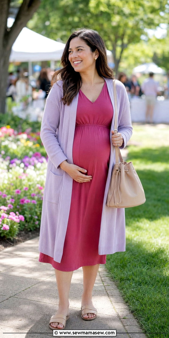 Colorful Cardigan And Tonal Maternity Dress Outfit - 35 pregnancy outfit ideas