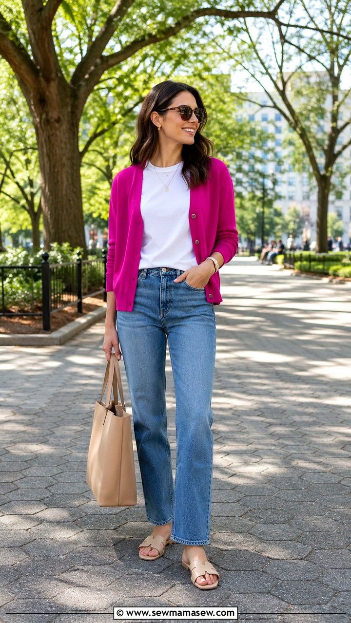 Colorful Cardigan With Neutral Basics - 30 spring cardigan outfit ideas