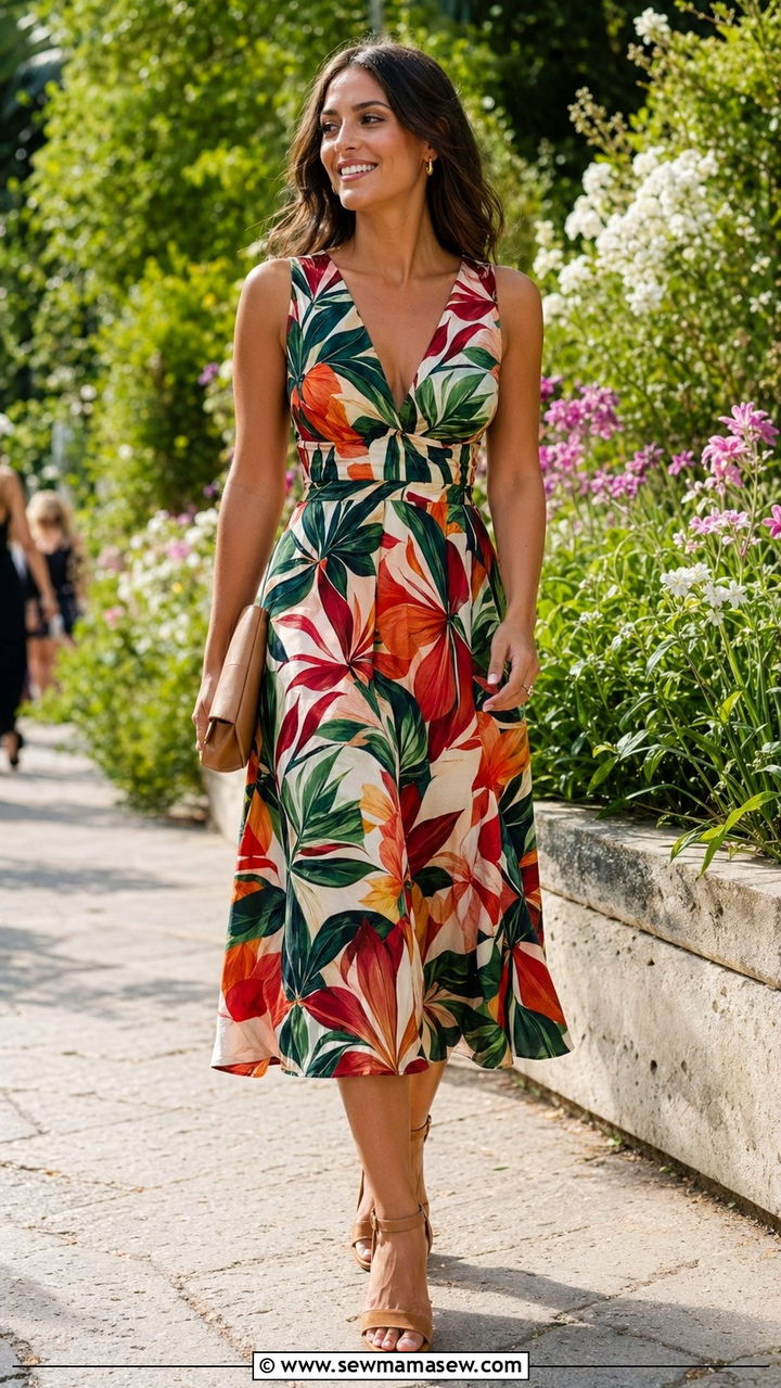 Colorful Printed Dress with Neutral Block Heels - 30 what to wear to a summer wedding guest