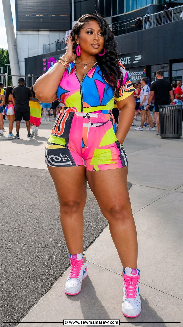 Colorful Romper and High Top Sneakers Curvy Concert Look - 35 Concert outfits for curvy women