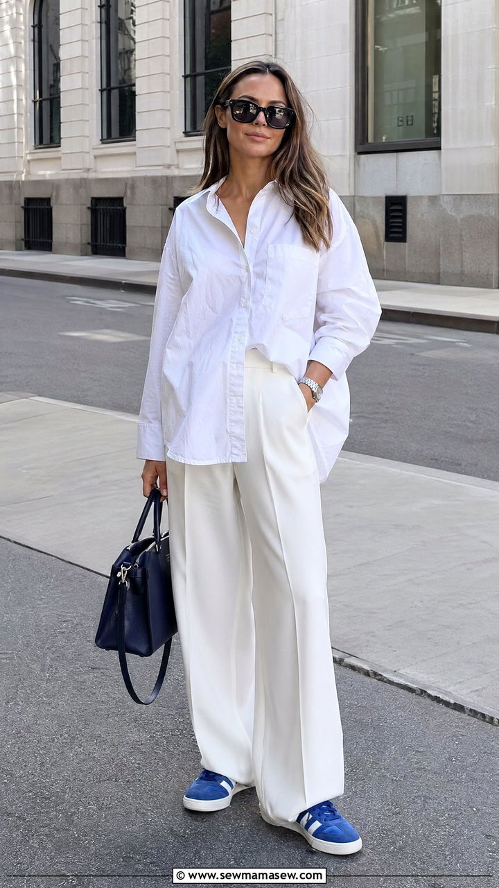 Colorful Sneakers With a White Button Down and Trousers - 35 Summer outfits with sneakers