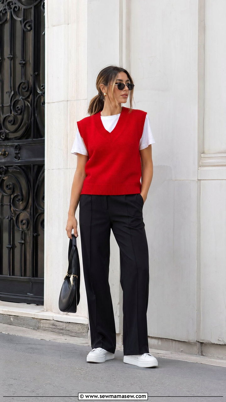 Colorful Sweater Vest with Neutral Basics - 35 casual sweater vest outfits