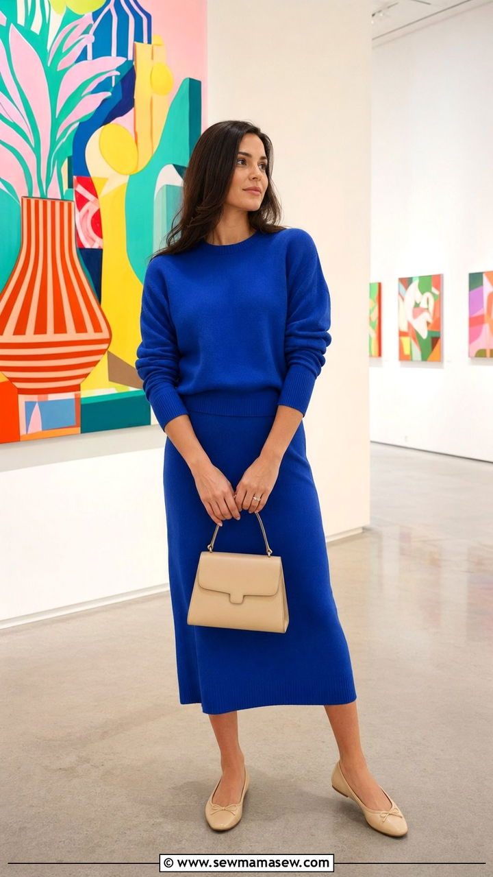 Colorful knit set and neutral accessories - 35 Museum visit outfit ideas