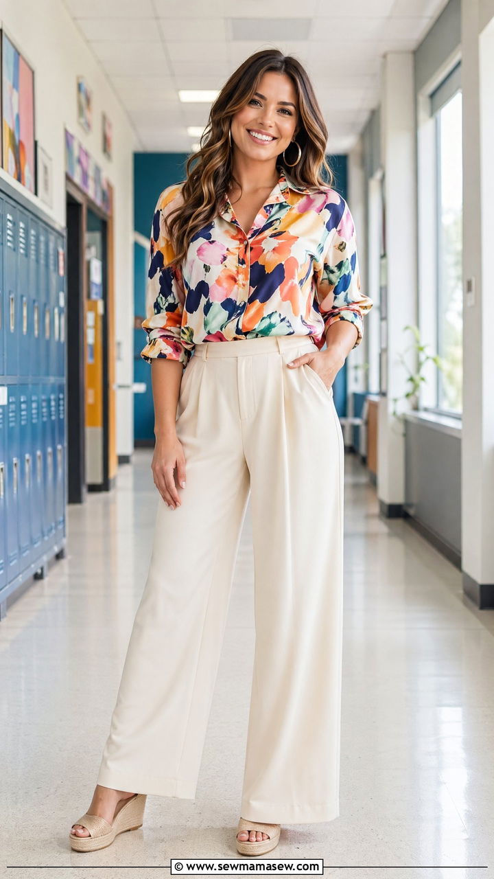 Colorful printed blouse with neutral wide leg pants and wedges - 35 Teacher outfit ideas for school