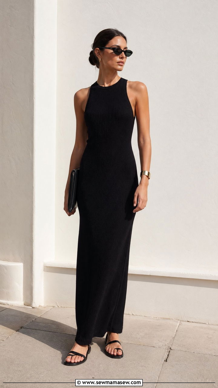 Column Maxi Dress and Minimal Sandals - 35 summer street style outfit ideas