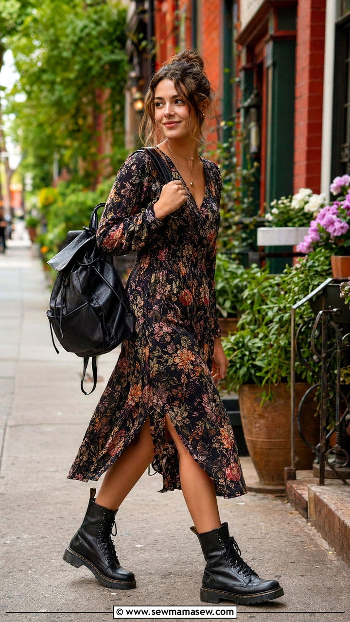Combat boots and floral midi dress - 35 Moody spring outfit ideas