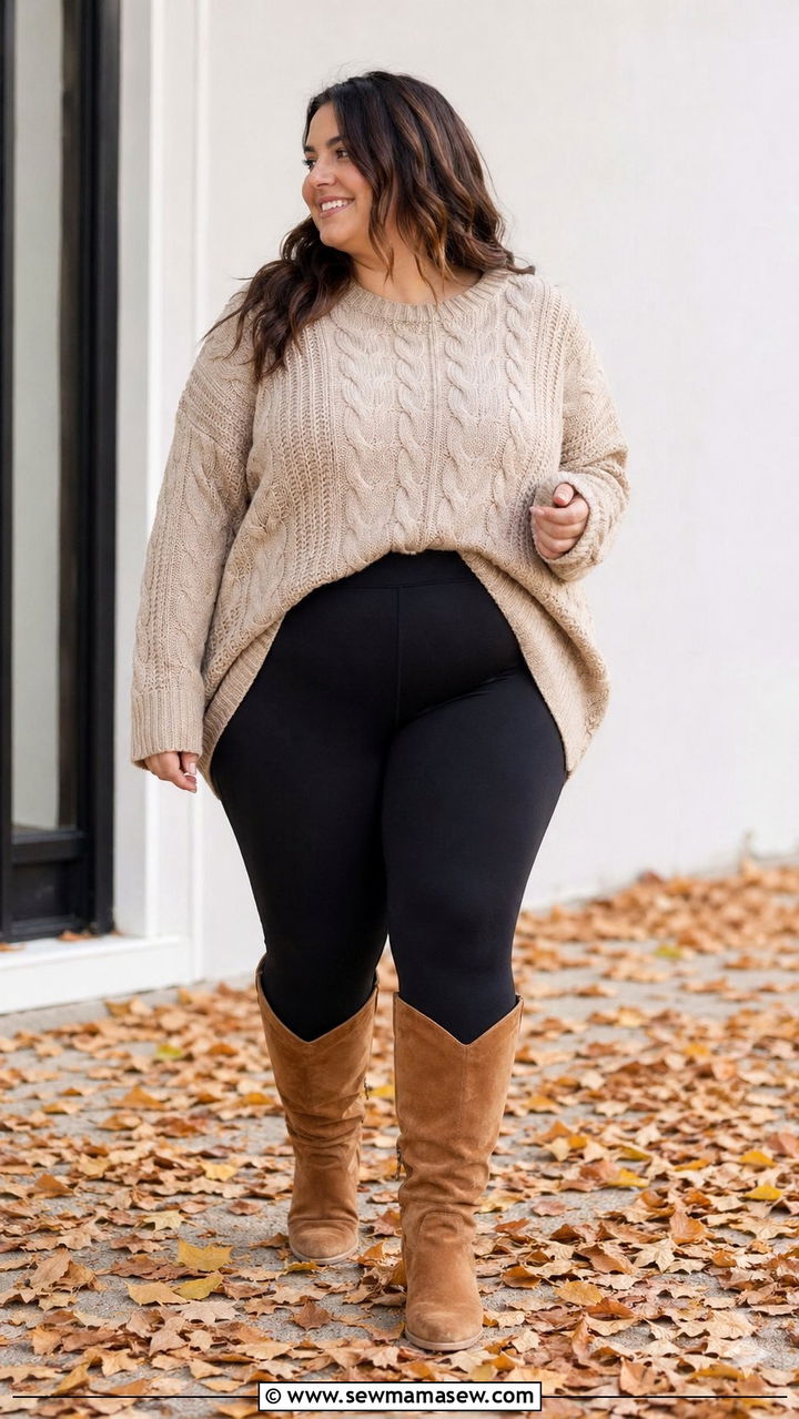 Compression Leggings And An Oversized Tunic Sweater - 35 Postpartum outfit ideas plus size