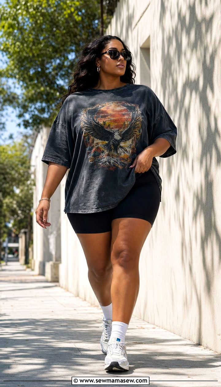 Compression Shorts With Oversized Graphic Tee - 35 Plus size gym outfit ideas