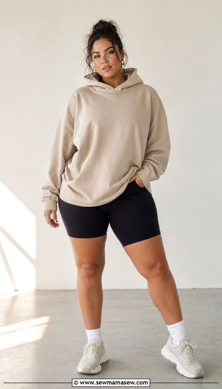 Compression Shorts With Oversized Hoodie - 35 Plus size workout outfit ideas